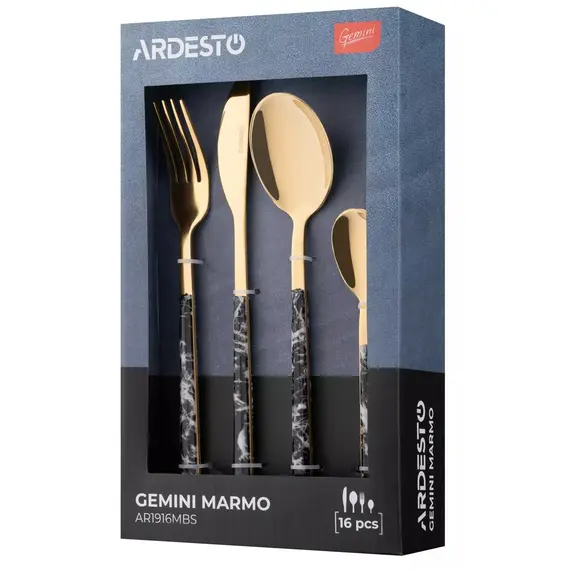 დანა ჩანგლის ნაკრები Ardesto AR1916MBS Gemini Marmo, 16pcs, Cutlery Set, Golden/Black , 5 image - Primestore.ge