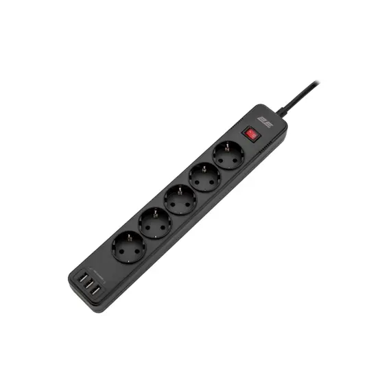 Power Strip 2E 2E-SP515M2USBBK, 5 Socket, 3xUSB-A, 2m, Power Strip With Surge Protector, Black, 2 image