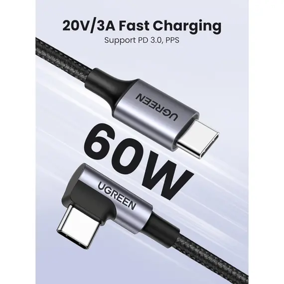 USB კაბელი UGREEN US255 (50122), 60W, Type-C to Angled Type-C Round, 0.5m, Grey , 5 image - Primestore.ge