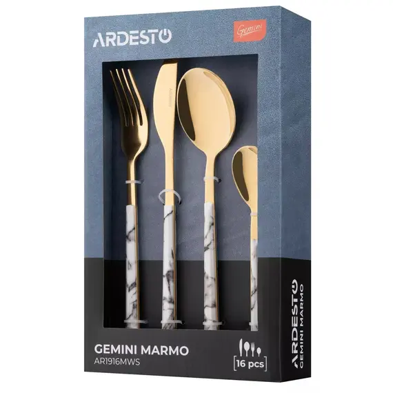 Ardesto AR1916MWS Gemini Marmo, 16pcs, Cutlery Set, Golden/White, 2 image