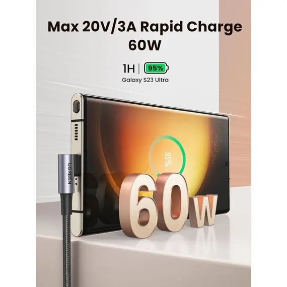 USB Cable UGREEN US323 (70529), 60W, Right Angle type-C to type-C Angled, 1m, Black/Grey, 4 image