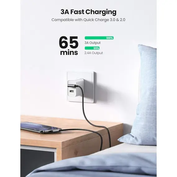 USB კაბელი UGREEN US176 (20856), 18W, USB-A to Type-C 90 Degree, 1m, Space Grey , 3 image - Primestore.ge