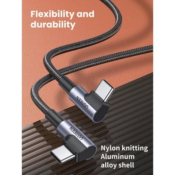 USB კაბელი UGREEN US323 (70531), 60W, Right Angle type-C to type-C Angled, 2m, Black/Grey , 2 image - Primestore.ge
