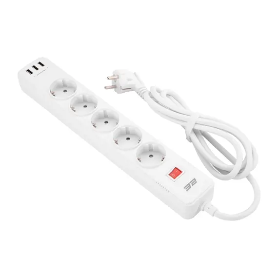 დენის გამანაწილებელი 2Е 2E-SP515M2USBWH, 5 Socket, 3xUSB-A, 2m, Power Strip With Surge Protector, White  - Primestore.ge