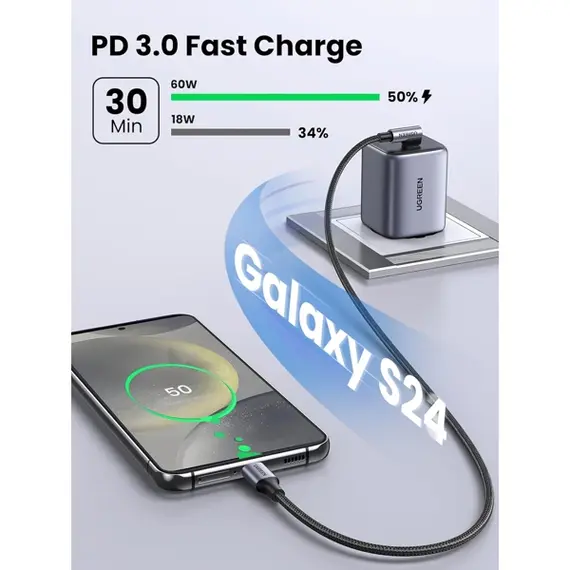 USB კაბელი UGREEN US255 (50122), 60W, Type-C to Angled Type-C Round, 0.5m, Grey , 6 image - Primestore.ge