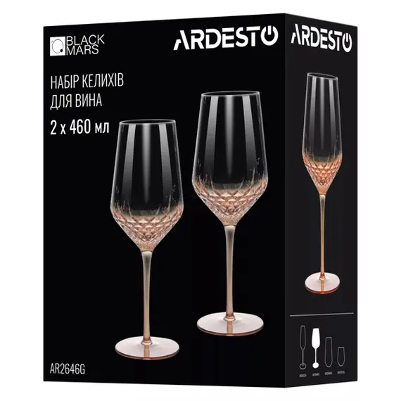 ჭიქების ნაკრები Ardesto AR2646G Black Mars Favola, 460ml, 2pcs, Wine Glasses Set, Transparent/Golden , 3 image - Primestore.ge