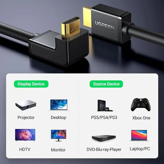 HDMI კაბელი UGREEN HD103 (10173), 4K HDMI Cable Male to Male, 90 Degree, 2m, Black , 2 image - Primestore.ge