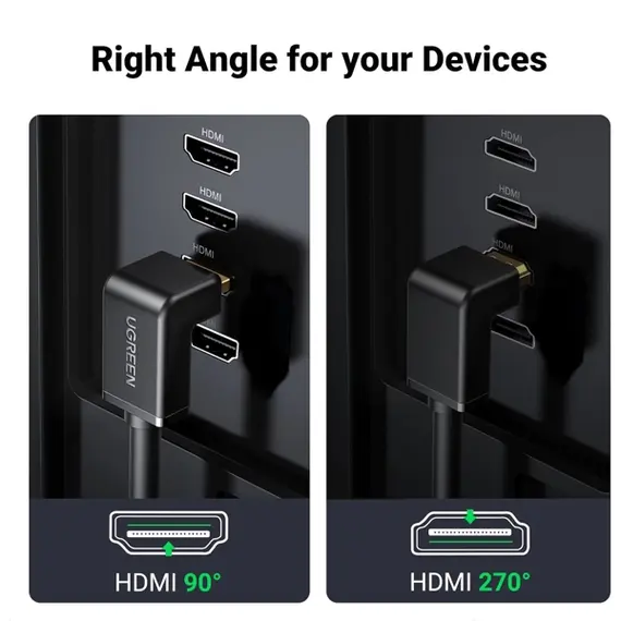 HDMI კაბელი UGREEN HD103 (10173), 4K HDMI Cable Male to Male, 90 Degree, 2m, Black , 3 image - Primestore.ge