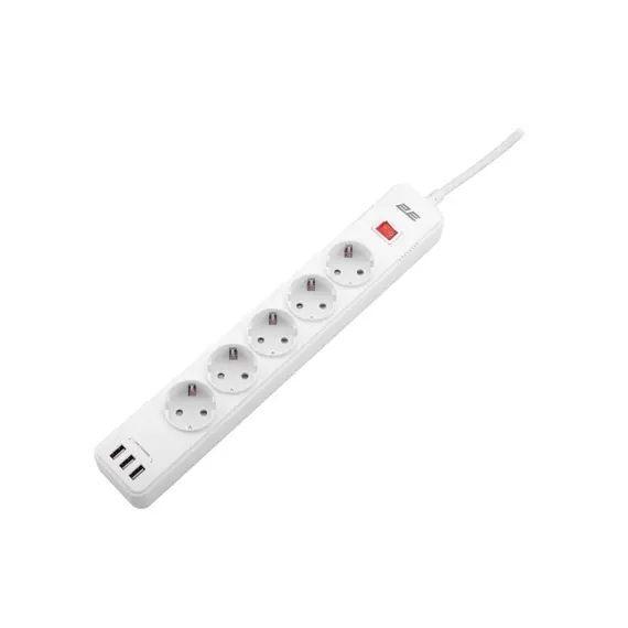 დენის გამანაწილებელი 2Е 2E-SP515M2USBWH, 5 Socket, 3xUSB-A, 2m, Power Strip With Surge Protector, White , 2 image - Primestore.ge