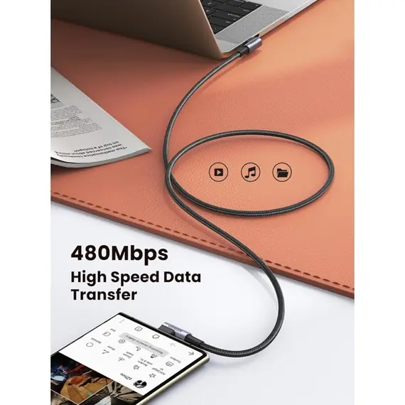 USB Cable UGREEN US323 (70529), 60W, Right Angle type-C to type-C Angled, 1m, Black/Grey, 5 image