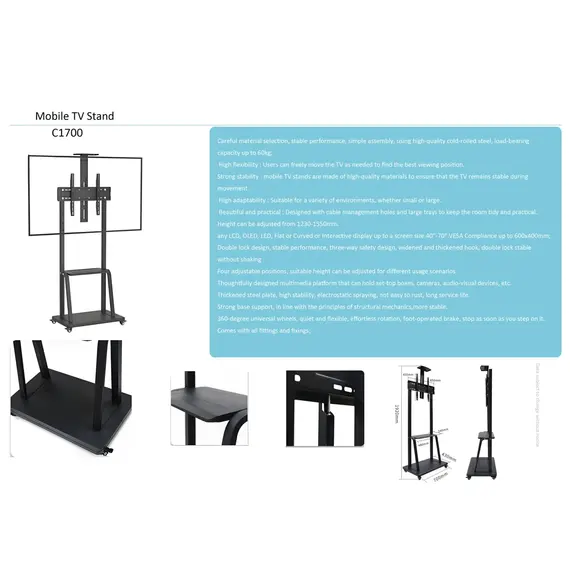 ტელევიზორის საკიდი Allscreen C1700, 40"-70", TV Mount With Roller, Black , 7 image - Primestore.ge