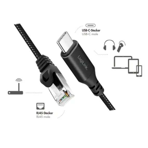 კაბელი Logilink CU0412 USB-C 3.2 to RJ45 (CAT6) Ethernet Cable Adapter 2m , 3 image - Primestore.ge