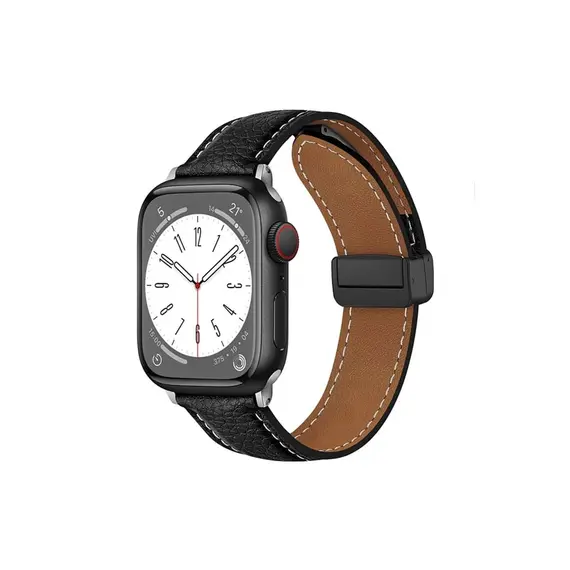 სმარტ საათის სამაჯური TVC Apple Watch 10 46mm / Ultra 2 / Ultra 49mm / 9 8 7 45mm / SE (2023) SE (2022) SE 6 5 4 44mm / 3 2 1 42mm Litchi Texture Leather Strap - Black  - Primestore.ge