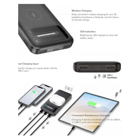 პორტატული დამტენი Logilink PA0343RF Powerbank 10.000 mAh wireless charging + 2xUSB-A/1xUSB-C Black , 2 image - Primestore.ge