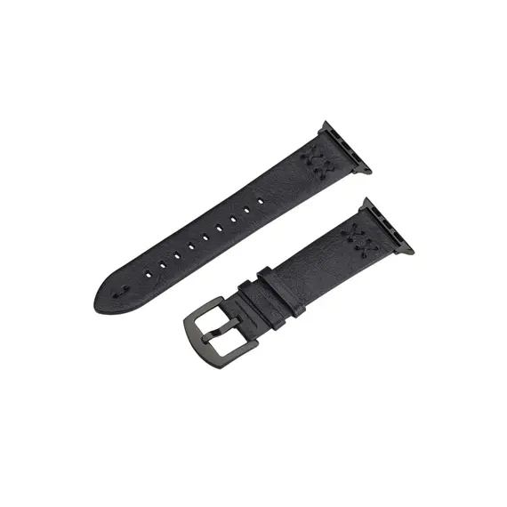სმარტ საათის სამაჯური TVC Watch Strap for Apple Watch Series 10 9 8 7 SE 6 5 4 3 2 1 42mm 41mm 40mm 38mm Hand Stitched Lines Genuine Cow Leather Band - Black  - Primestore.ge