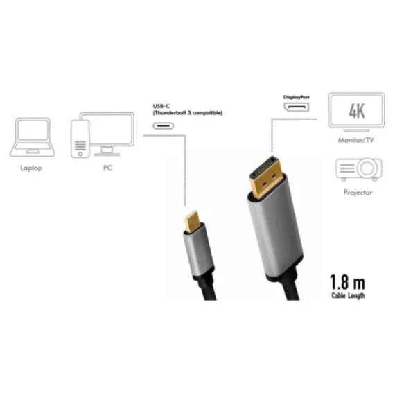 კაბელი Logilink CUA0100 USB-C to DisplayPort 4K/60Hz Cable Adapter 1.8m , 3 image - Primestore.ge