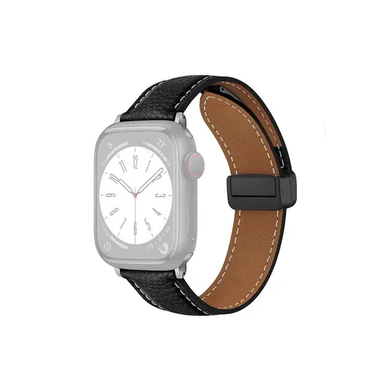 სმარტ საათის სამაჯური TVC Apple Watch 10 46mm / Ultra 2 / Ultra 49mm / 9 8 7 45mm / SE (2023) SE (2022) SE 6 5 4 44mm / 3 2 1 42mm Litchi Texture Leather Strap - Black , 2 image - Primestore.ge