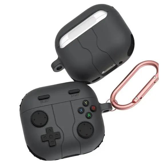 ყურსასმენის ქეისი TVC AirPods 4 Case Game Console Shape Earphones Silicone Shell with Carabiner - Dark Grey  - Primestore.ge