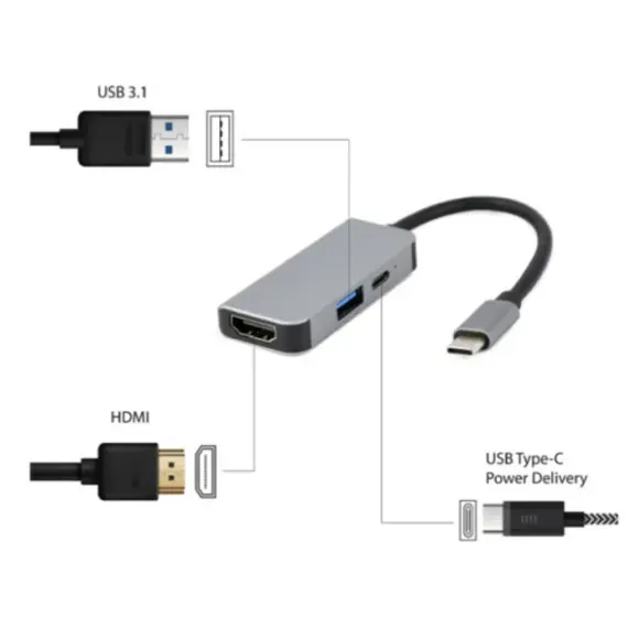 ადაპტერი Gembird A-CM-COMBO3-02 USB Type-C 3-in-1 multi-port adapter (USB port+HDMI +PD) Silver , 2 image - Primestore.ge
