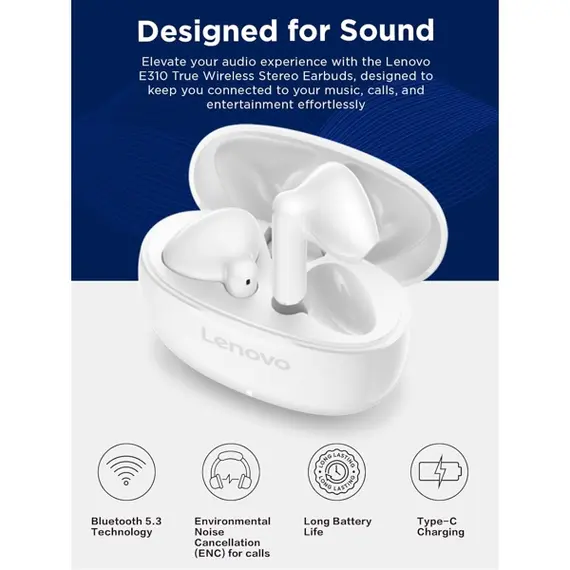ყურსასმენი Lenovo GXD1Q65145 E310, Earbuds, Wireless, Bluetooth, White , 4 image - Primestore.ge