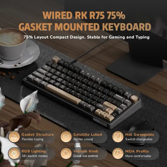 კლავიატურა Royal Kludge RK R75 RGB Mechanical Keyboard, Brown switch, Hot Swappable, Type-C wired, Phantom , 7 image - Primestore.ge