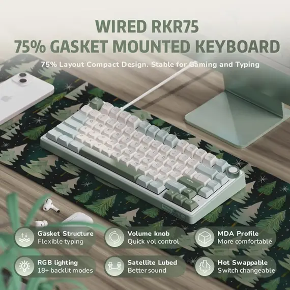 კლავიატურა Royal Kludge RK R75 RGB Mechanical Keyboard, K silver switch, Hot Swappable, Type-C wired, Sky Cyan , 7 image - Primestore.ge