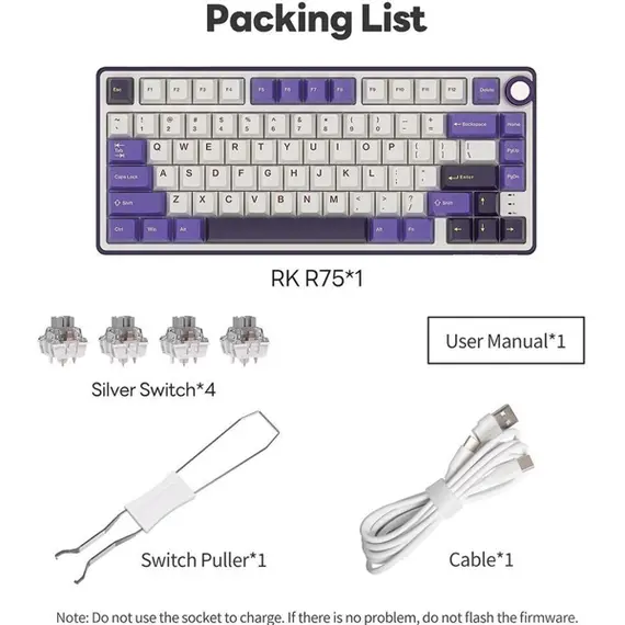 კლავიატურა Royal Kludge RK R75 RGB Mechanical Keyboard, K silver switch, Hot Swappable, Type-C wired, Blackberry , 4 image - Primestore.ge