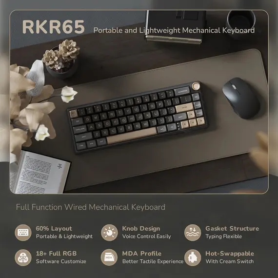 კლავიატურა Royal Kludge RK R65 RGB Mechanical Keyboard, Brown switch, Hot Swappable, Type-C wired, Phantom , 6 image - Primestore.ge