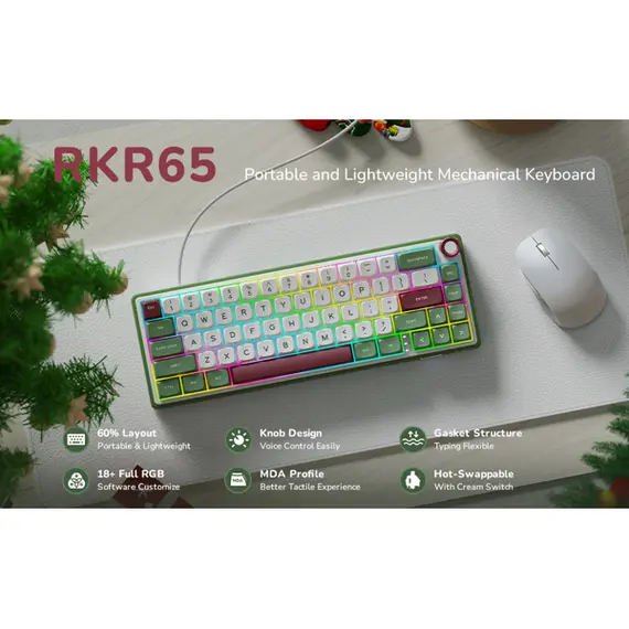 კლავიატურა Royal Kludge RK R65 RGB Mechanical Keyboard, Brown switch, Hot Swappable, Type-C wired, Green sand , 3 image - Primestore.ge