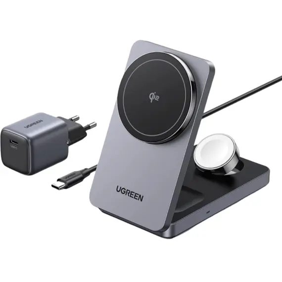 უსადენო დამტენი UGREEN W707 (45025) Qi2 MagFlow, 15W, Wireless Charging Station With 30W USB-C Charger, Space gray  - Primestore.ge