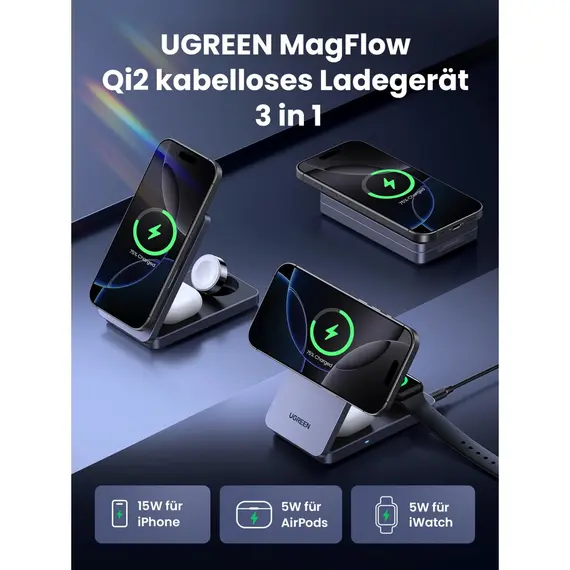 უსადენო დამტენი UGREEN W707 (45025) Qi2 MagFlow, 15W, Wireless Charging Station With 30W USB-C Charger, Space gray , 5 image - Primestore.ge