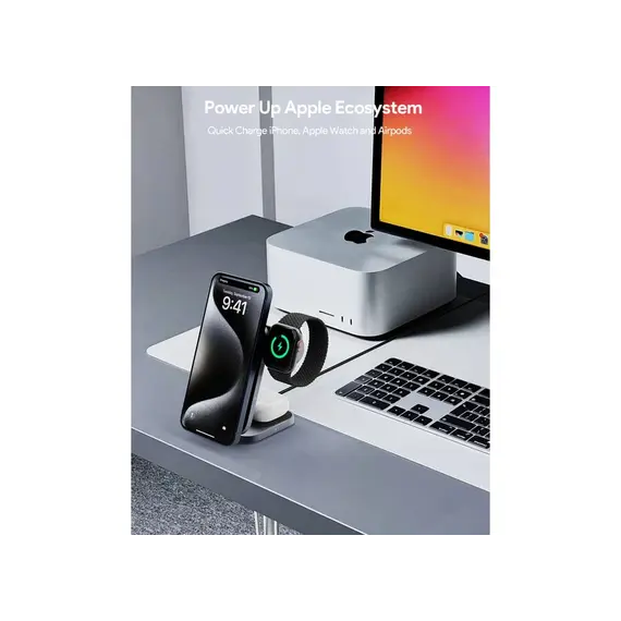 უსადენო დამტენი Aukey 3 in-1 15W LC-MC312 MagFusion Z Qi2 Foldable Wireless Charging Station - Gray , 2 image - Primestore.ge
