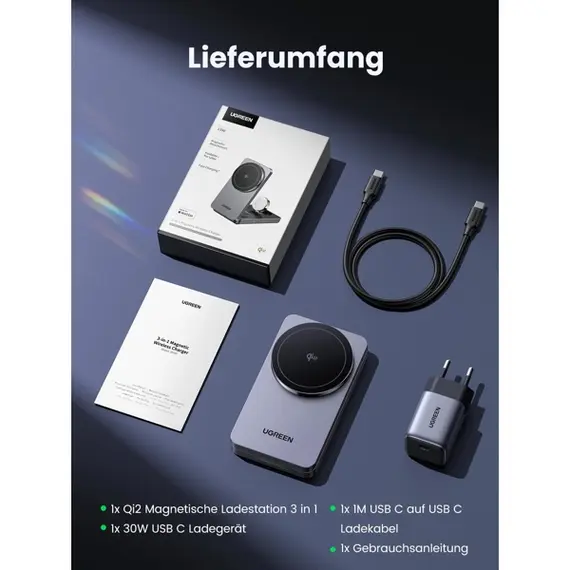 უსადენო დამტენი UGREEN W707 (45025) Qi2 MagFlow, 15W, Wireless Charging Station With 30W USB-C Charger, Space gray , 2 image - Primestore.ge