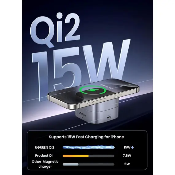 უსადენო დამტენი UGREEEN W702 (35316) MagFlow Qi2, 25W, Magnetic Foldable Charging Station, Dark Gray , 4 image - Primestore.ge