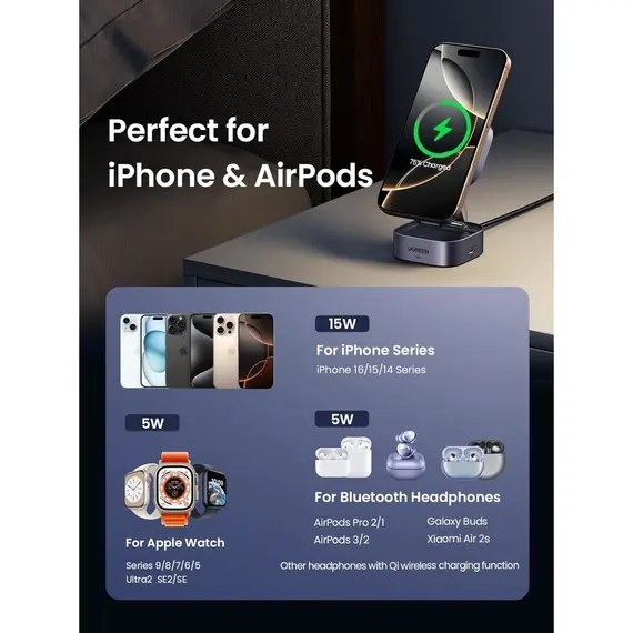 უსადენო დამტენი UGREEEN W702 (35316) MagFlow Qi2, 25W, Magnetic Foldable Charging Station, Dark Gray , 7 image - Primestore.ge