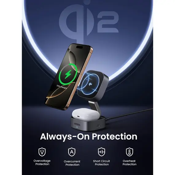 უსადენო დამტენი UGREEEN W702 (35316) MagFlow Qi2, 25W, Magnetic Foldable Charging Station, Dark Gray , 6 image - Primestore.ge