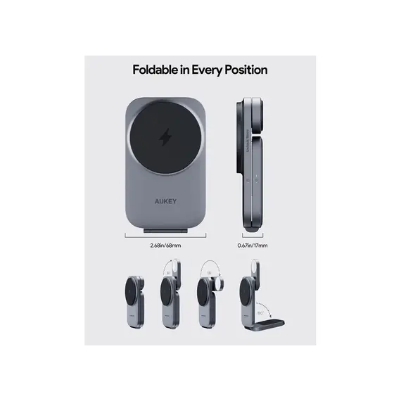 უსადენო დამტენი Aukey 3 in-1 15W LC-MC312 MagFusion Z Qi2 Foldable Wireless Charging Station - Gray , 5 image - Primestore.ge