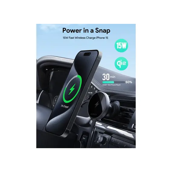 მანქანის უსადენო დამტენი Aukey 15W HD-MC13 Qi2 Wireless Charging Phone Mount - Black , 5 image - Primestore.ge