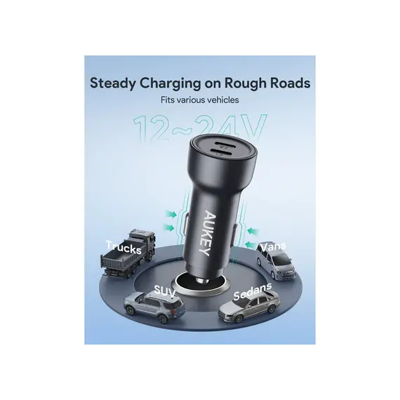 ავტომობილის უსადენო დამტენი Aukey 65W CC-Y23 Enduro Type-C Dual 2-Port Car Charger - Gray , 5 image - Primestore.ge