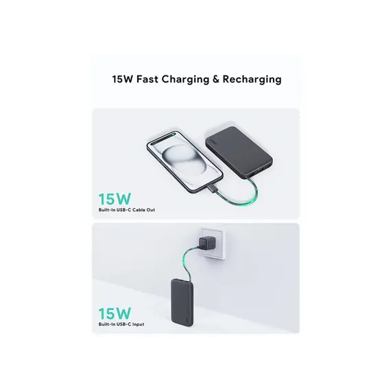 პორტატული დამტენი Aukey PB-Y53 15W 10000mAh Spark Sling Lite Slim Power Bank with Buit-in USB-C Cable - Gray , 6 image - Primestore.ge