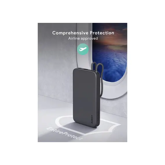 პორტატული დამტენი Aukey PB-Y53 15W 10000mAh Spark Sling Lite Slim Power Bank with Buit-in USB-C Cable - Gray , 10 image - Primestore.ge