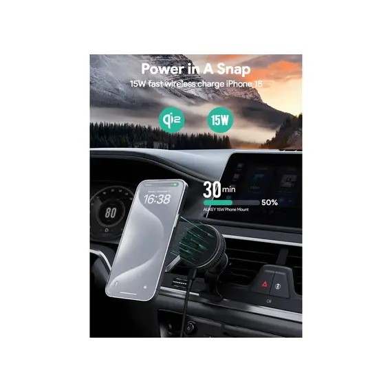 ავტომობილის უსადენო დამტენი Aukey 15W HD-MC13A MagFusion Dash Pro Qi2 Active Cooling Wireless Charging Phone Mount - Gray , 3 image - Primestore.ge