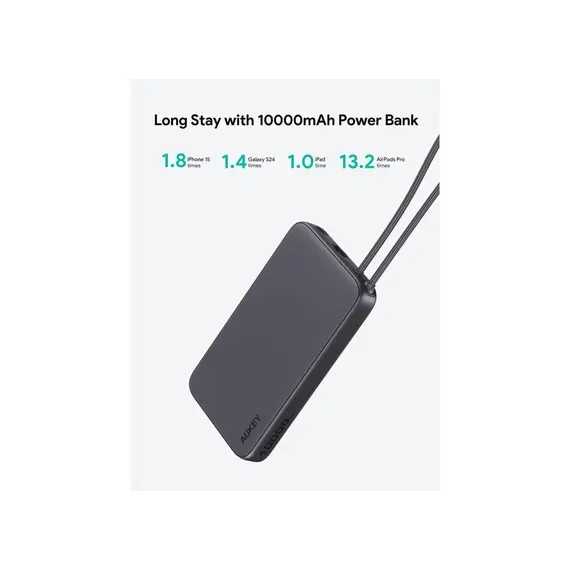 პორტატული დამტენი Aukey PB-Y53 15W 10000mAh Spark Sling Lite Slim Power Bank with Buit-in USB-C Cable - White , 3 image - Primestore.ge