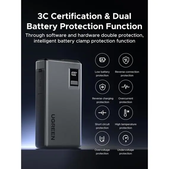 მანქანის პორტატული დამტენი UGREEN ES702 (35977), 12000mAh, USB-A, Type-C, Car Jump Starter Power Bank with Digital Screen and LED Light, Grey , 15 image - Primestore.ge