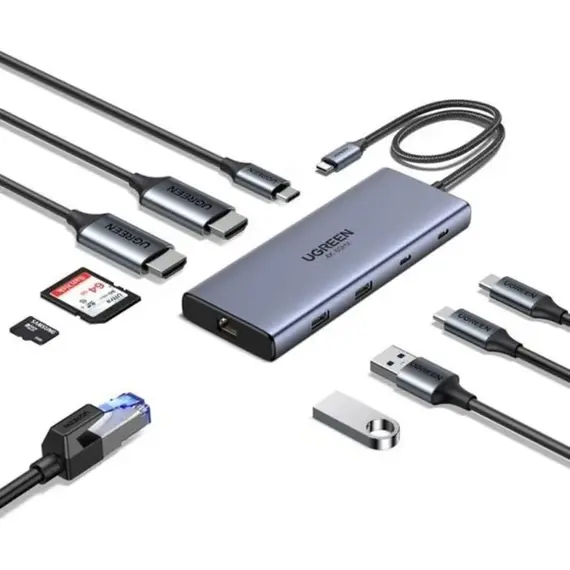 USB-C ჰაბი UGREEN CM639 (45380), HDMI, Type-C, USB-A, RJ45, SD/TF, 10-in-1 USB-C Hub, Grey  - Primestore.ge