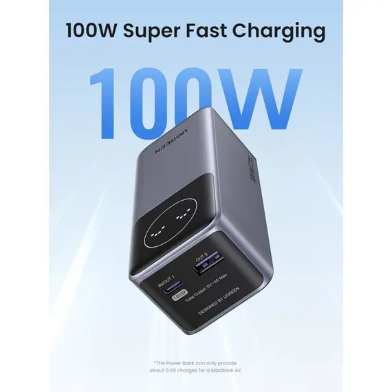 პორტატული დამტენი UGREEN PB724 (35526B) Nexode, 12000mAh, Type-C, USB-A, Power Bank With Smart Digital Display, Grey , 9 image - Primestore.ge