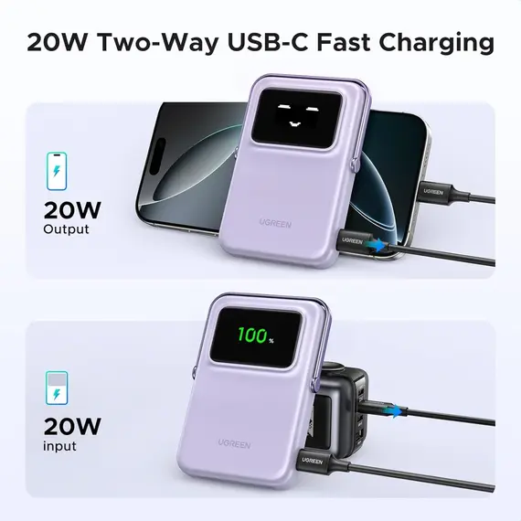 პორტატული დამტენი UGREEN PB572 (45328) Uno, 10000mAh, Magnetic Wireless Power Bank, Purple , 9 image - Primestore.ge