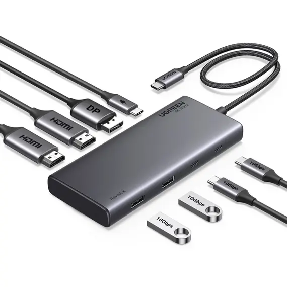 USB-C ჰაბი UGREEN CM639 (35625) Revodok 308, HDMI, DP, Type-C, USB-A, PD, 8 in 1 USB C Docking Station, Grey  - Primestore.ge