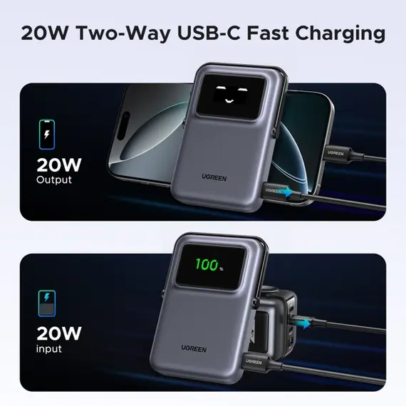პორტატული დამტენი UGREEN PB572 (45327) Uno, 10000mAh, Magnetic Wireless Power Bank, Grey , 12 image - Primestore.ge