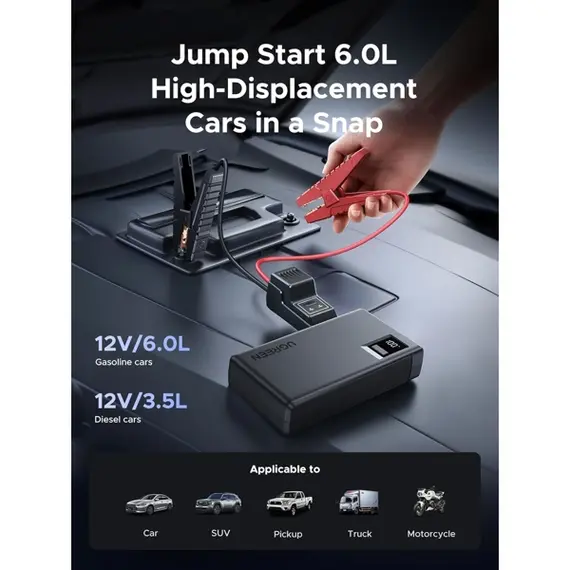 მანქანის პორტატული დამტენი UGREEN ES702 (35977), 12000mAh, USB-A, Type-C, Car Jump Starter Power Bank with Digital Screen and LED Light, Grey , 13 image - Primestore.ge